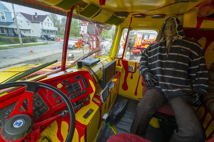 View from inside one of Tom Willis' monster trucks, complete with a monster.
