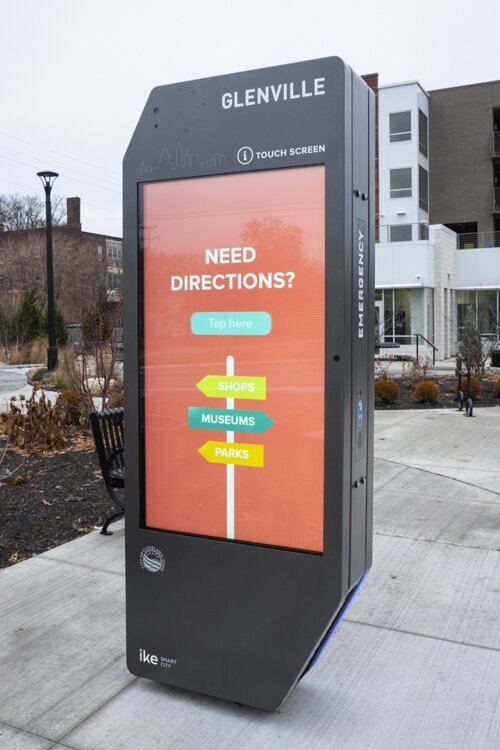 <span class="content-image-text">In a plaza at Glenville Circle North, a new, 8-foot-tall touchscreen kiosk offers visitor information.</span>