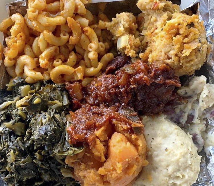 Squash the Beef's vegan mac-n-cheez, dressing, collard greens, BBQ jackfruit, sweet potatoes, and red skin mashed potatoes.