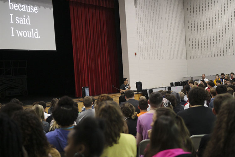Alex Sheen speaking at Woodridge High School Assembly