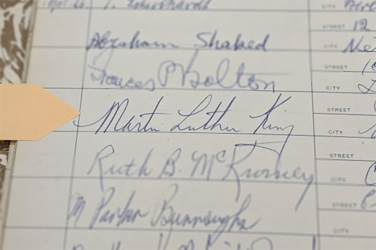 <span class="content-image-text">Dr. Martin Luther King, Jr. visited Karamu House and signed the guestbook in 1963 while in town to deliver a speech at Olivet Institutional Baptist Church</span>