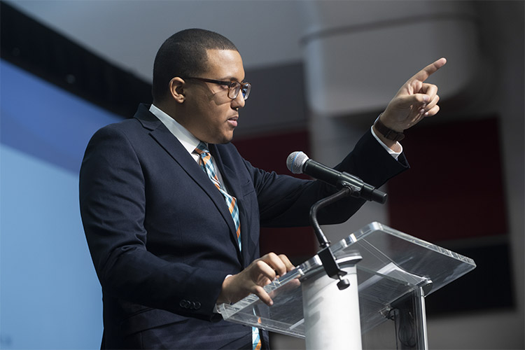 Matt Moody, a junior at CSU and Master of Ceremonies for the Say Yes Cleveland Announcement