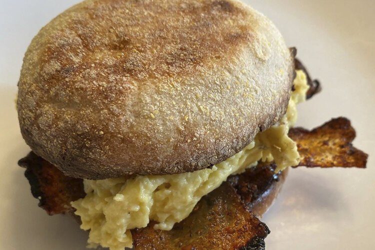 <span class="content-image-text">Birch Café chain breakfast sandwich look alike made with JUST scrambled eggs and rice paper bacon</span>