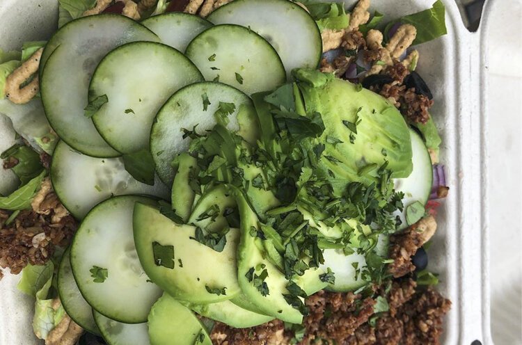 Plant-based choices from the Root Café include raw, refreshing, super nutrient dense food like this energizing taco salad.