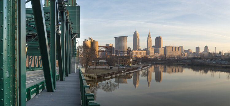 View from the Columbus Road Bridge in the Flats in 2017.