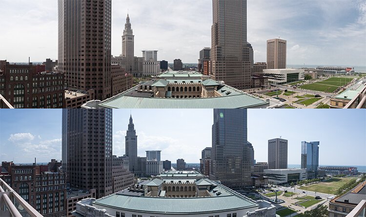 View from the Cleveland Public Library balcony—the top image from 2013 and the bottom image from 2019.