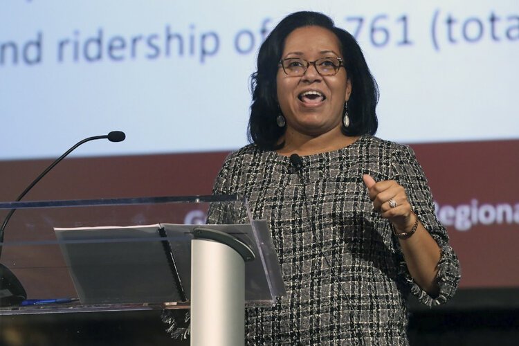 India Birdsong, the new CEO at the Greater Cleveland Regional Transit Authority, addresses the final event of Sustainable Cleveland 2019 on Oct. 16 in Public Auditorium.