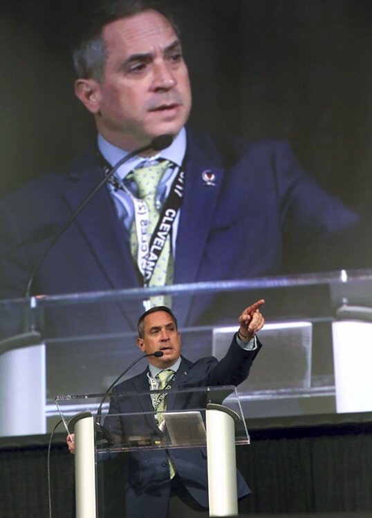 Cleveland Councilman Matt Zone addresses the final event of Sustainable Cleveland 2019 on Oct. 16 in Public Auditorium.