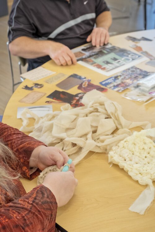 Paper collage and crochet help residents work out feelings.