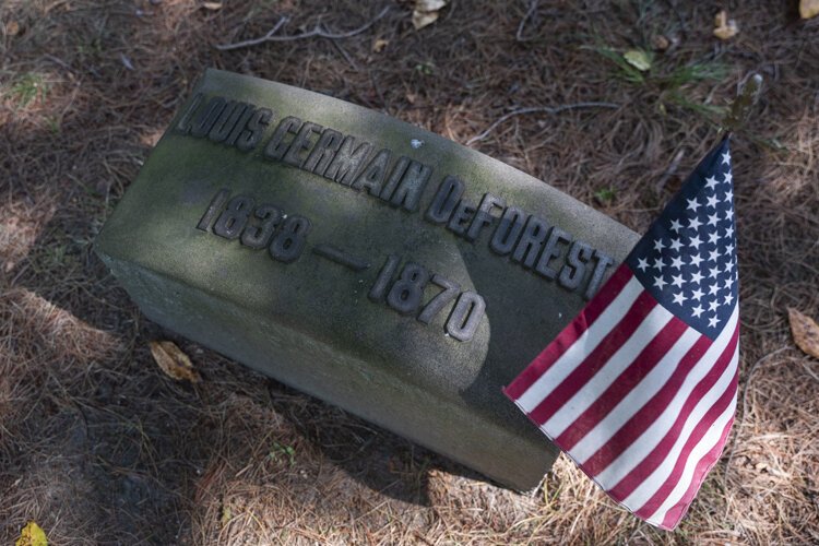 The grave of Captain Louis Germain DeForest (1838-1870), a Civil War soldier and the first person buried at Lake View.