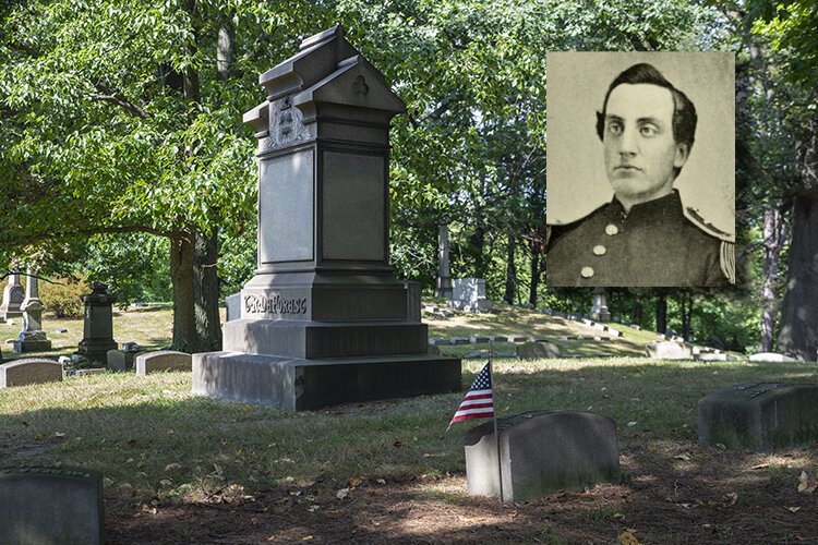 The grave of Captain Louis Germain DeForest (1838-1870), a Civil War soldier and the first person buried at Lake View.
