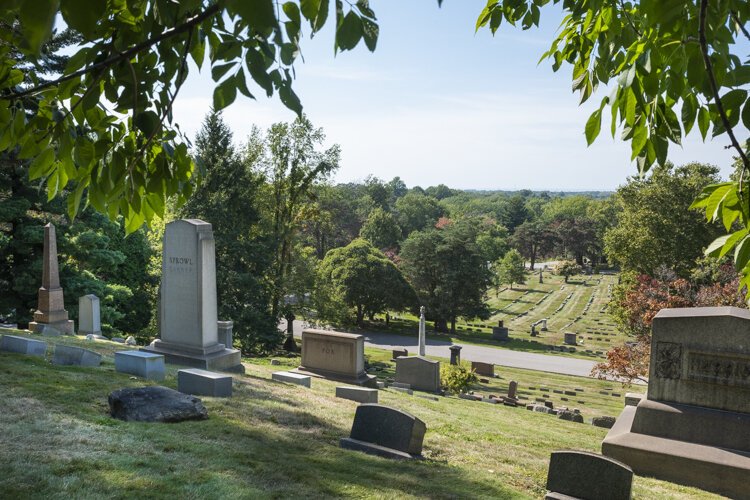 This view from the Jeptha Wade monument overlooking Lake View Cemetery, with a view of Lake Erie, is popular.