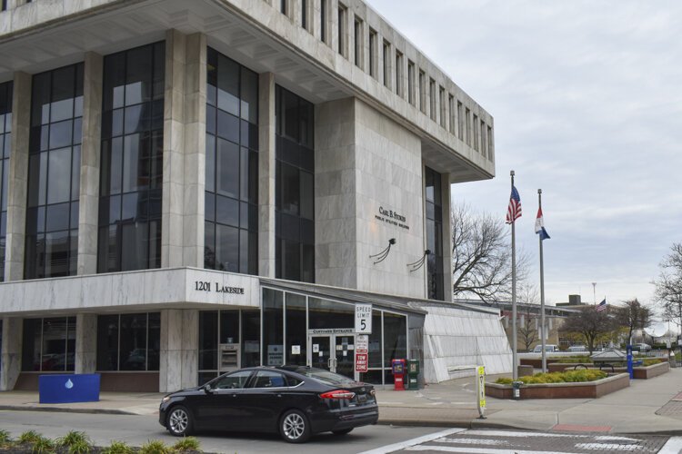 The exterior of the Carl B. Stokes Public Utilities building, a city government office building in downtown Cleveland.