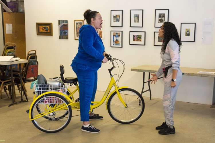 Rocky Encalada  and Jessenia Velez rehearse a scene from “Divorciadas, Evangelicas y Vegetarianas”.