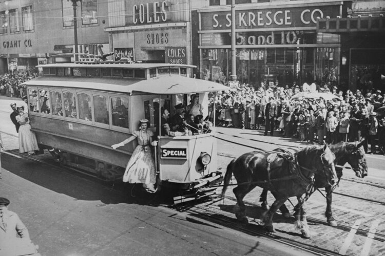"Streetcar City" reconstructs life in Cleveland when streetcars shaped urban patterns still with us today. Here, a “Parade of Progress” down Euclid Avenue in 1953 marks the end of the streetcar era.