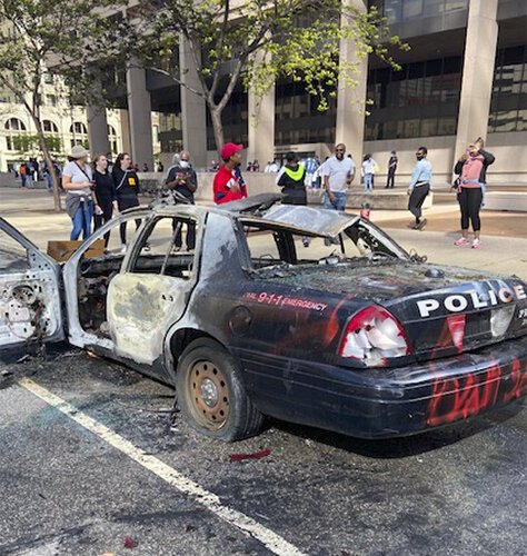 A burned out Cleveland Police cruiser downtown.