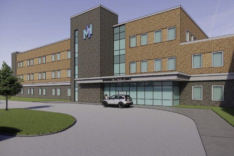 Rendering of MetroHealth’s Cleveland Heights Medical Center that will add 110 new treatment beds, a psychiatric urgent care center and a selection of specialized units.