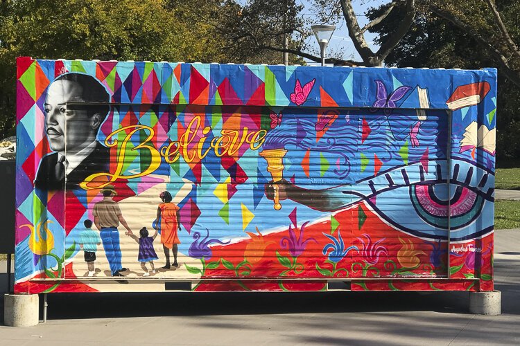 Playwright Park shipping containers by artist Augustus Turner