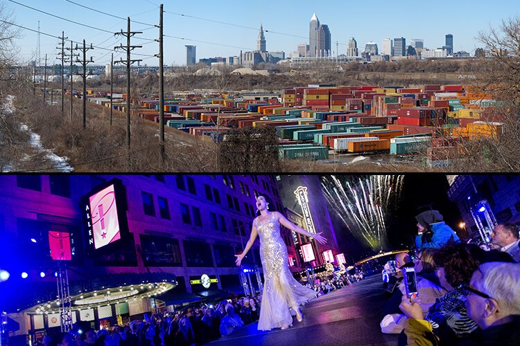 Top: March 2014 – Cleveland skyline with shipping crates --  Bottom May 2014 – Dazzle the District at Playhouse Square chandlier lighting ceremony