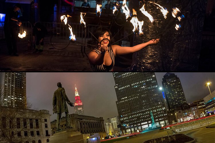 Top: February 2018 – Brite Winter fire performer -- Bottom: April 2018 – Lincoln and the Fountain of Eternal Life on Cleveland's Mall A