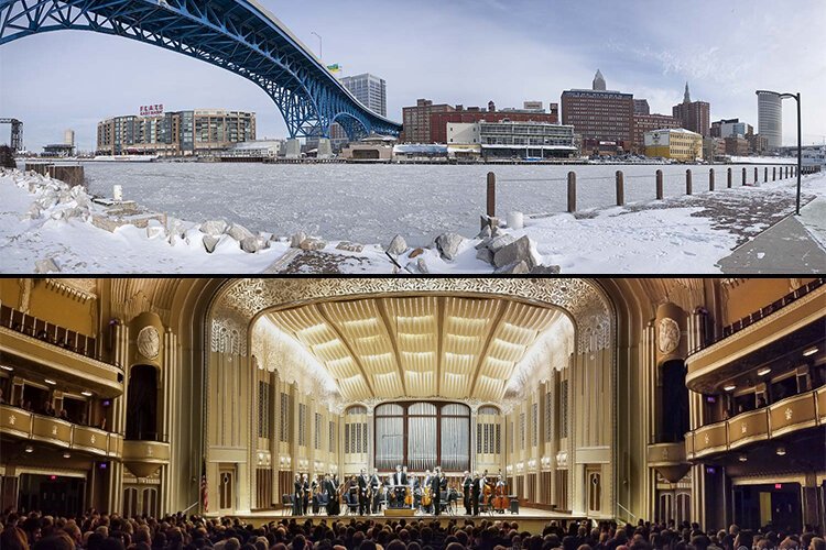 Top: January 2019 – The frozen Cuyahoga -- Bottom: February 2019 – Cleveland Orchestra at Severance Hall