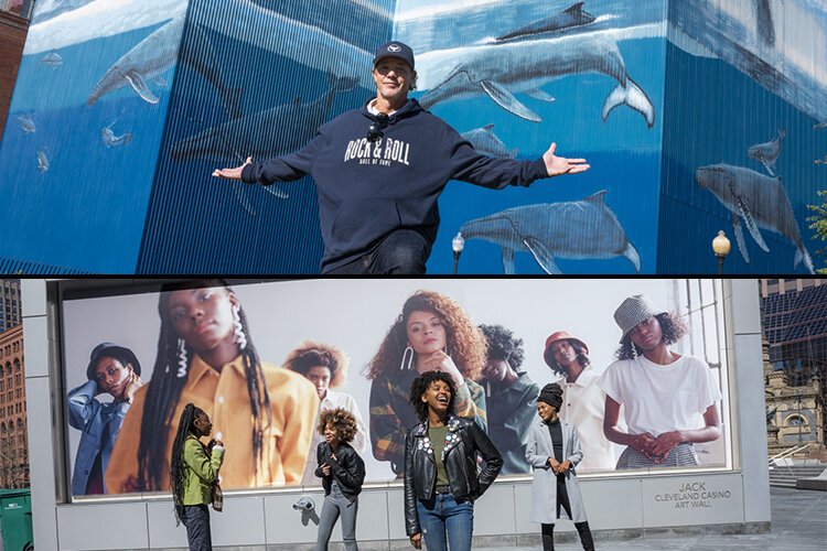 Top: October 2019 – Wyland’s “Song of the Whales” mural restoration -- Bottom: February 2020 – Da’Shaunae Marisa mural in Public Square