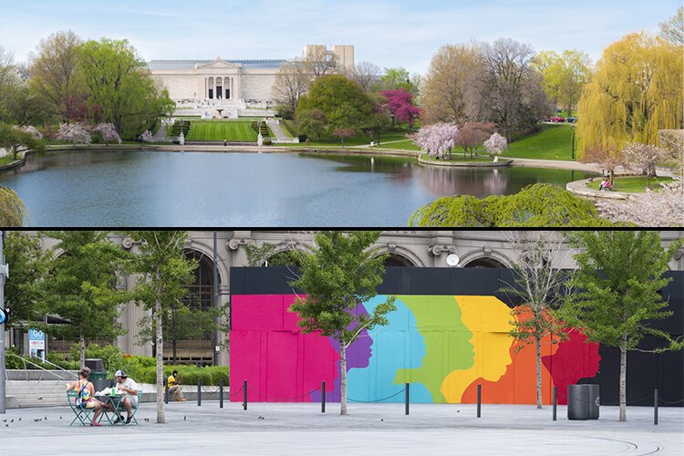 Top: May 2020 – Wade Oval Lagoon and CMA -- Bottom: July 2020 – Voices of CLE - Artist Glen Infante mural in Public Square