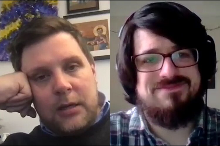 Chris Knestrick (left), executive director of the Northeast Ohio Coalition for the Homeless talks with Conor Morris (right) about the decrease in unsheltered homelessness in 2020.