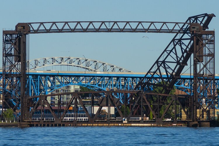 View of our wonderful bridges on the Cuyahoga from out on the Lake.