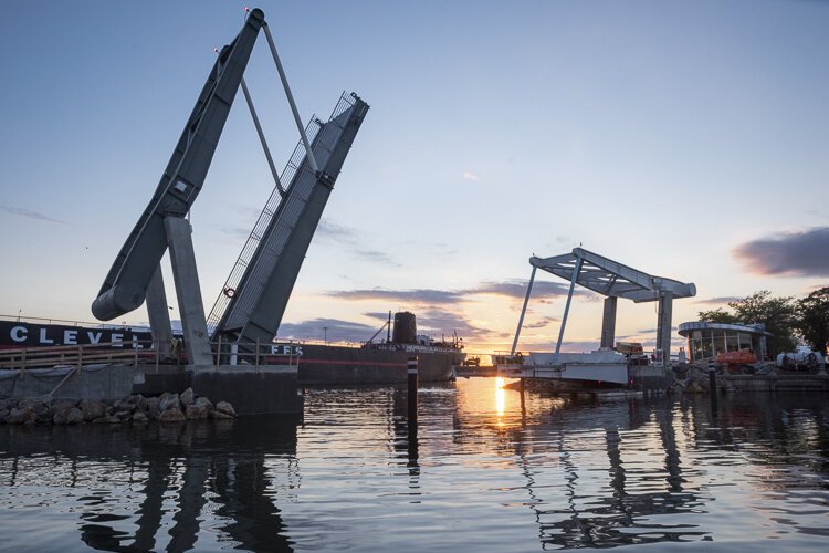 The new pedestrian bridge in North Coast Harbor.