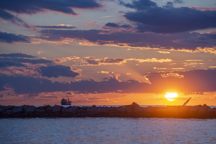 The freighter Isadora heading out into the sunset from the Port of Cleveland