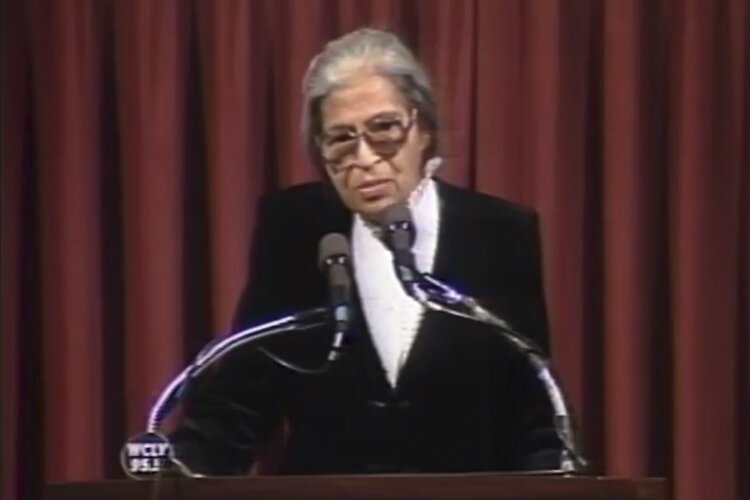 <span class="content-image-text">Racial justice activist Rosa Parks reflecting on why she refused to give up her seat to a white passenger at the City Club of Cleveland in 1985 inspired artist Chris Szajbert in her latest project.</span>