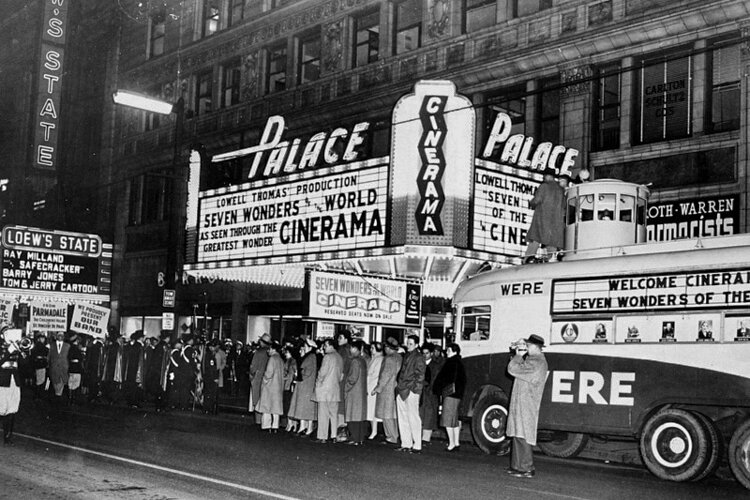 Cinerama, a process for showing motion pictures, debuted at the Palace Theater in 1956 and lasted until 1959.