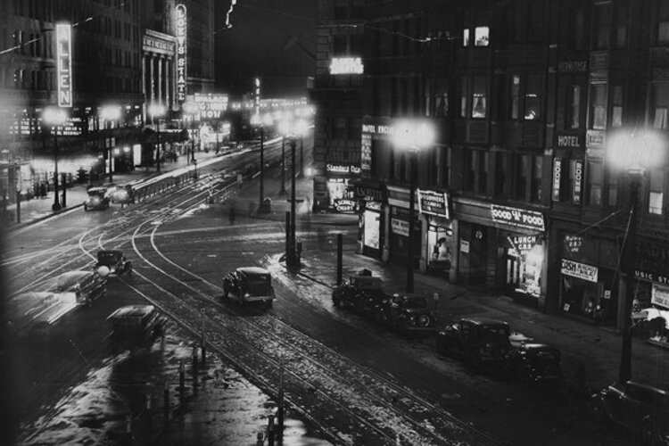 <span class="content-image-text">Playhouse Square from the intersection of Huron Road and Euclid Boulevard, looking east during a wet evening on April 7, 1933.</span>