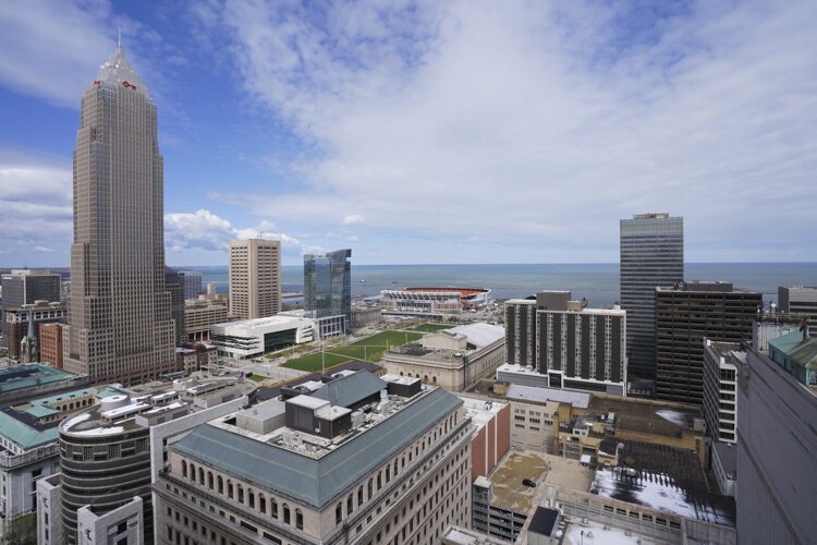 Dense variety of buildings and businesses downtown between East 9th and East 12th Streets and Euclid and Lakeside Avenues, the newly-designated Erieview Historic District.