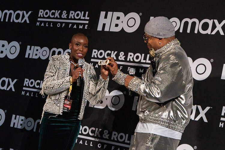L L Cool J backstage presenting his ring to be included in the Rock & Roll Hall of Fame museum