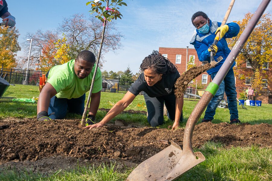 Holden’s Tree Corps CMHA tree planting on Cleveland’s east side at the Friendly Inn Settlement on Kinsman Rd.