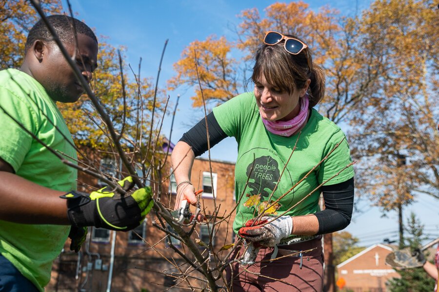 Courtney Blashka, director of community forestry & conservation at Holden Forests & Gardens at a recent tree planting on Cleveland’s east side at the Friendly Inn Settlement on Kinsman Rd.