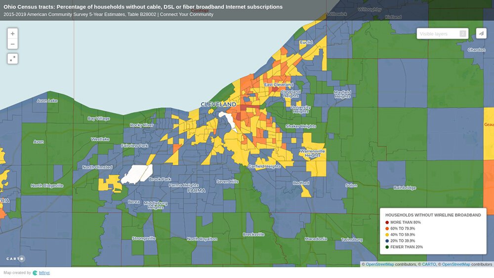 <span class="content-image-text">A map of Cuyahoga County shows areas around Cleveland where households do not receive wireless broadband. Information is from the 2019 American Community Survey, U.S. Census.</span>