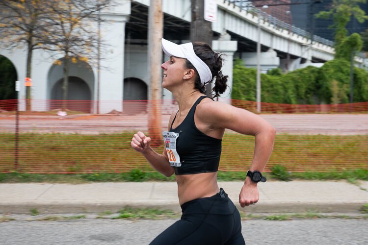 Full marathon winner Amanda Jamil coming in to the finish line.