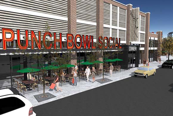 Rendering of the front entrance of Punch Bowl Social