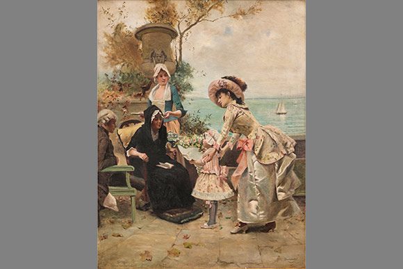 Emile Auguste Pinchart  - A Family Gathering by the Sea Shore, Oil on Canvas