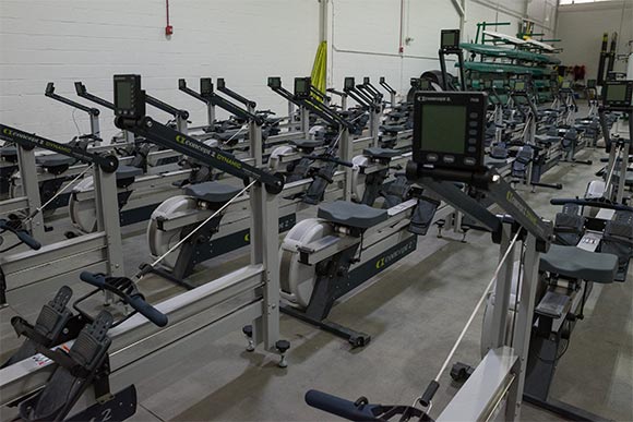 Workout equipment at the Foundry includes about 100 Concept2 rowing machines