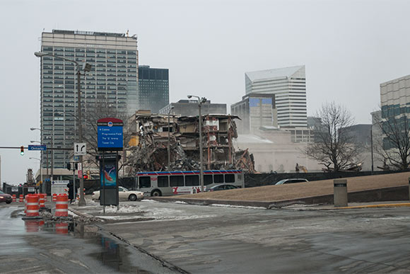 The demolition the Cuyahoga County Administration bldg in 2014 to make way for the Hilton in