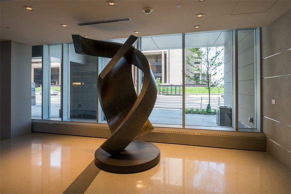 A metal sculpture by Jerry Schmidt in the Hilton Lobby