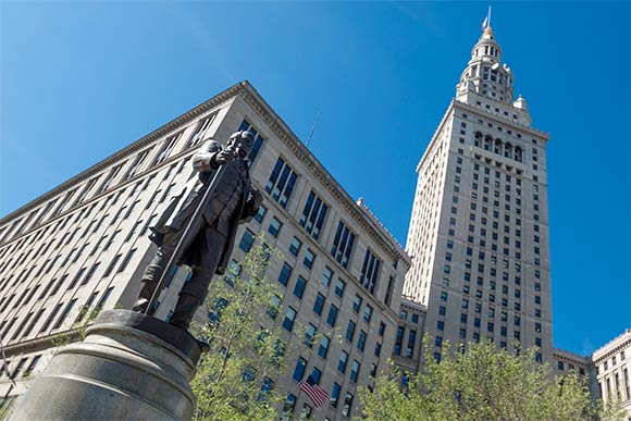 The Moses Cleveland statue now rests on the south center end of the square