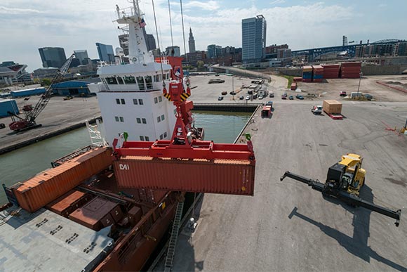 The new Liebherr cranes at the Port of Cleveland unloading the vessel Floretgracht