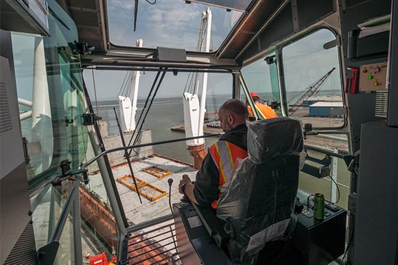 Inside at the controls of the the new Liebherr crane