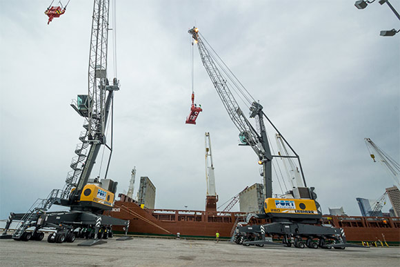 The new Liebherr cranes at the Port of Cleveland unloading the vessel Floretgracht