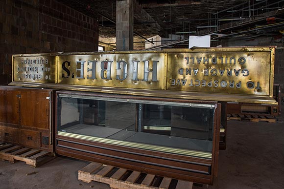 The old “Higbee’s” street sign tucked away in storage at the Higbee bldg.